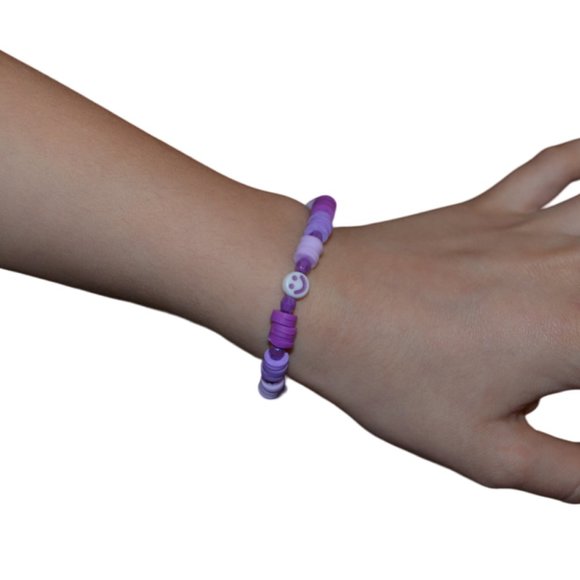 Handmade Other - Handmade Clay Beads Elastic Kids Bracelet Purple Smile Image 2.5 length/half